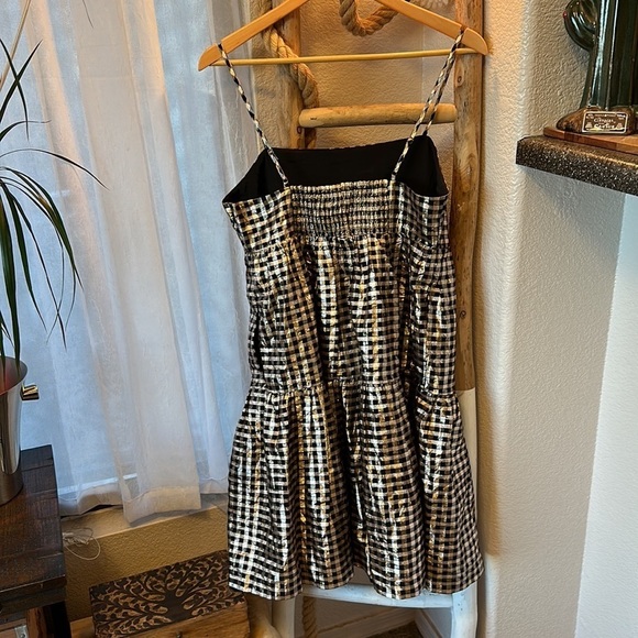J Crew Lurex Black Gold tired gingham adjustable straps stretch back dress sz 8 - Picture 3 of 11